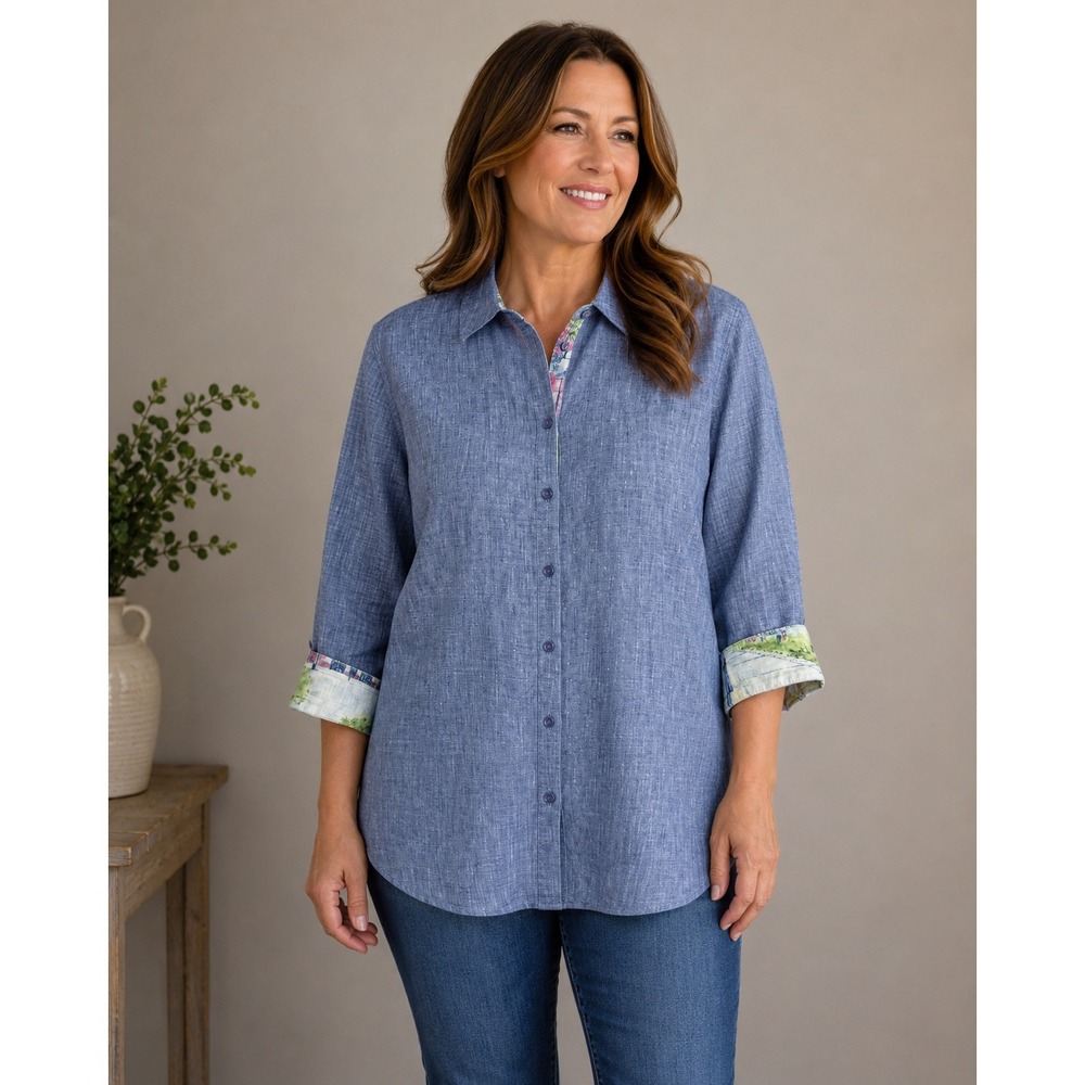 Chico's Linen Button Shirt Women 2 [12) Blue No Iron Cuffed Sleeve Summer Casual